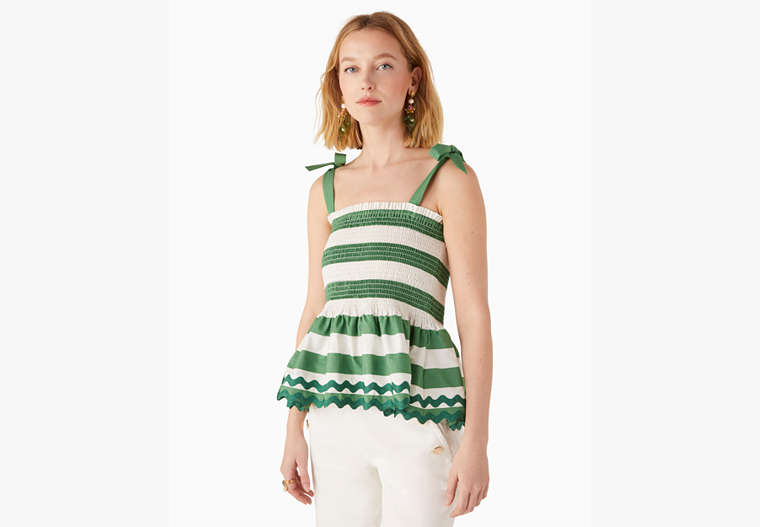 Kate Spade,beach time stripe smocked top,cotton,Green Bean image number 0
