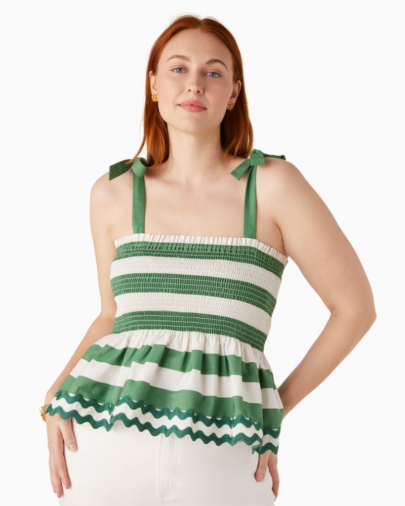 Kate Spade,Beach Time Stripe Smocked Top,Cotton,Tank,Frills,Scallop,Shirring,Tie Belt,Day Party,Multi Color