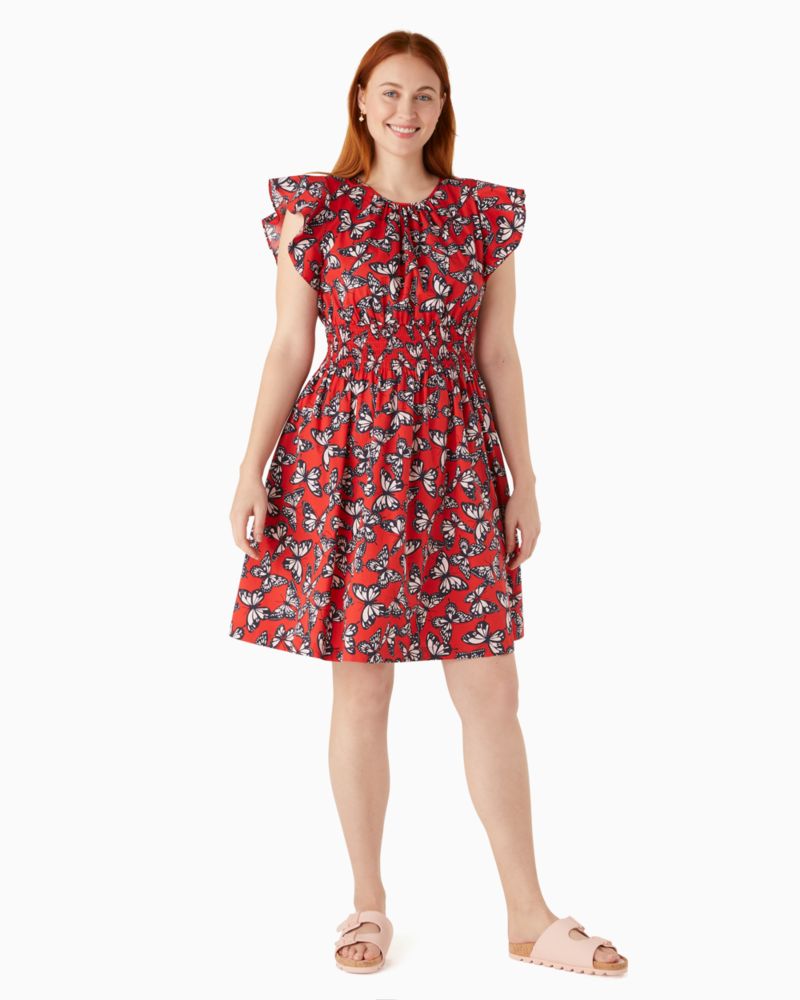 Kate Spade,Butterfly Print Blake Dress,Cotton Blend,Elastic Waist,A-Line,Shirring,Ruched,Day Party,Red