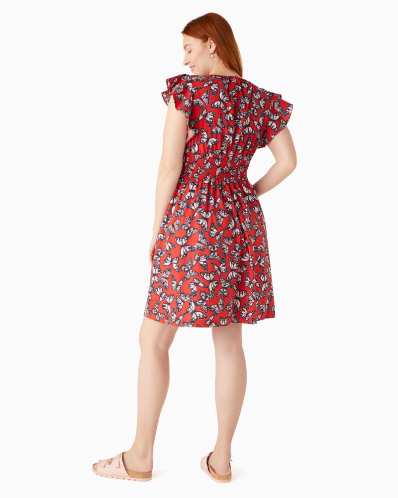 Kate Spade,Butterfly Print Blake Dress,Cotton Blend,Elastic Waist,A-Line,Shirring,Ruched,Day Party,Red