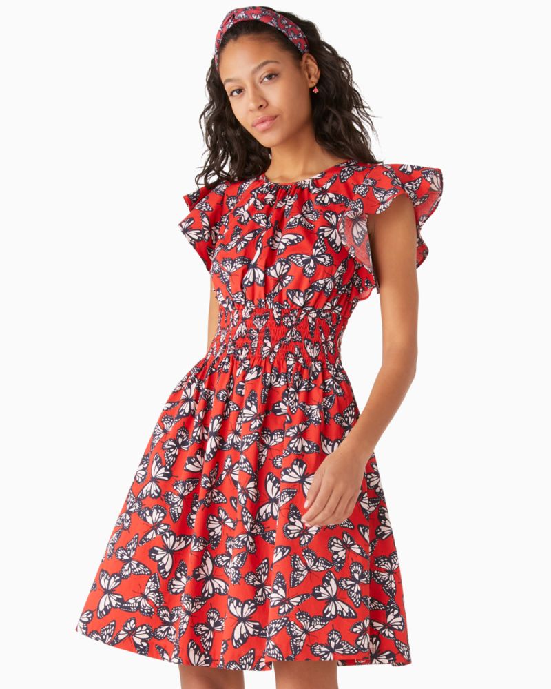 Kate Spade,Butterfly Print Blake Dress,Cotton Blend,Elastic Waist,A-Line,Shirring,Ruched,Day Party,Red