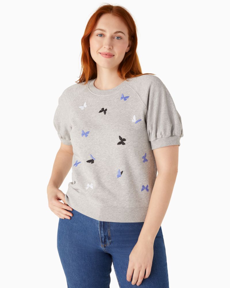 Kate Spade,Embroidered Butterfly Pullover Sweatshirt,Cotton,Sweatshirt,Embroidered,French Terry Fabric,Casual,Gray