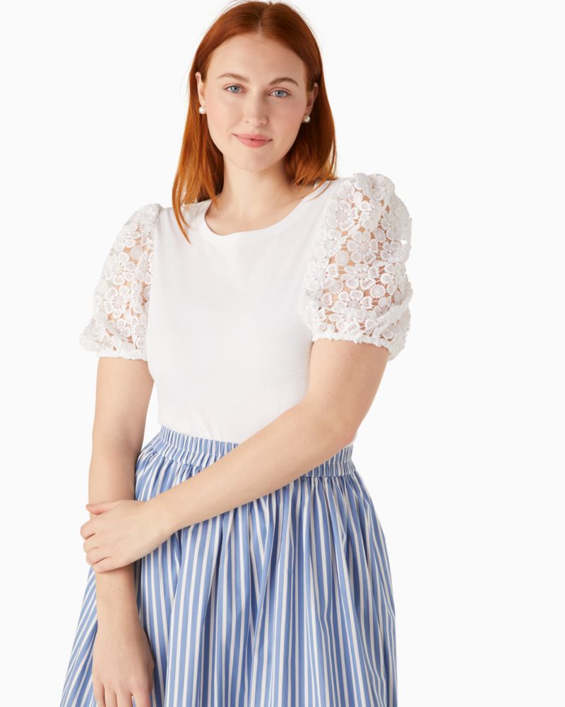 Kate Spade,Lace Puff-sleeve Tee,Cotton,T Shirt,Lace Embellishment,Sheer,Day Party,White image number 0