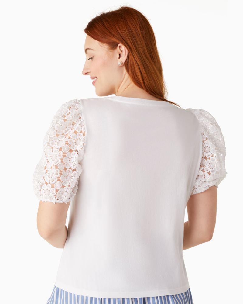 Kate Spade,Lace Puff-sleeve Tee,Cotton,T Shirt,Lace Embellishment,Sheer,Day Party,White