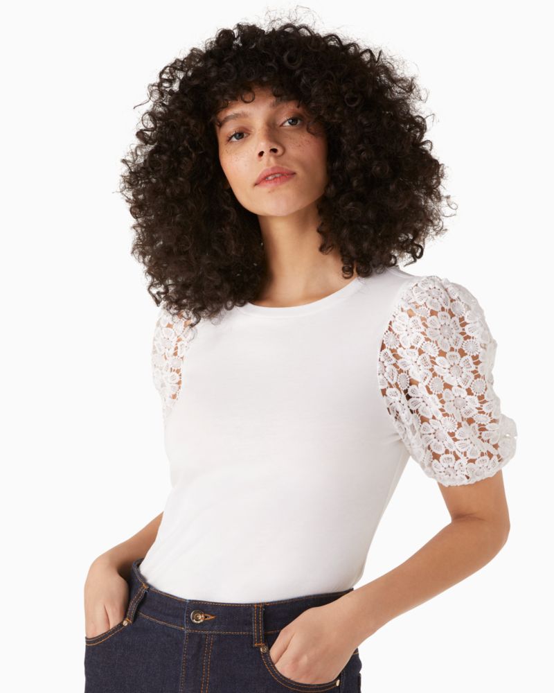 Kate Spade,Lace Puff-sleeve Tee,Cotton,T Shirt,Lace Embellishment,Sheer,Day Party,White