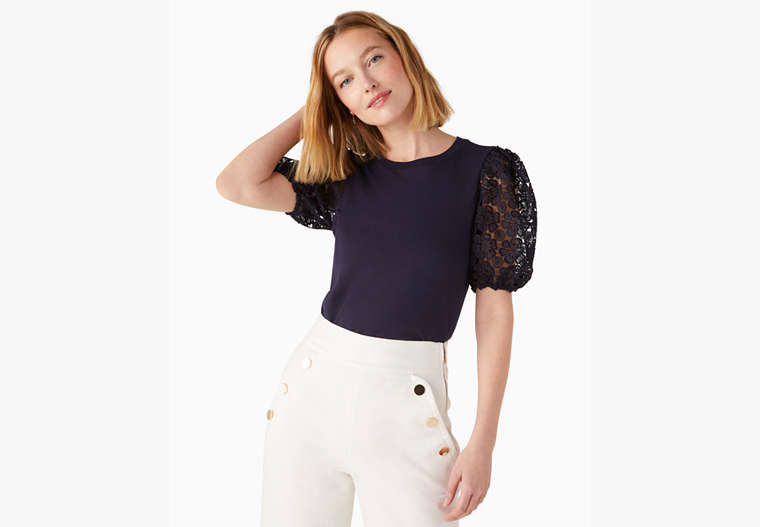 Kate Spade,lace puff-sleeve tee,cotton,Parisian Navy image number 0