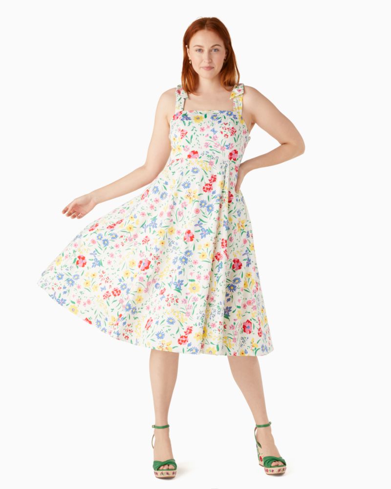 Kate Spade,Garden Bouquet Fit-and-flare Dress,Cotton Blend,Poplin,Lining Cotton,Sundress,A-Line,Bow,Shirring,Lined,Day Party,Multi Color