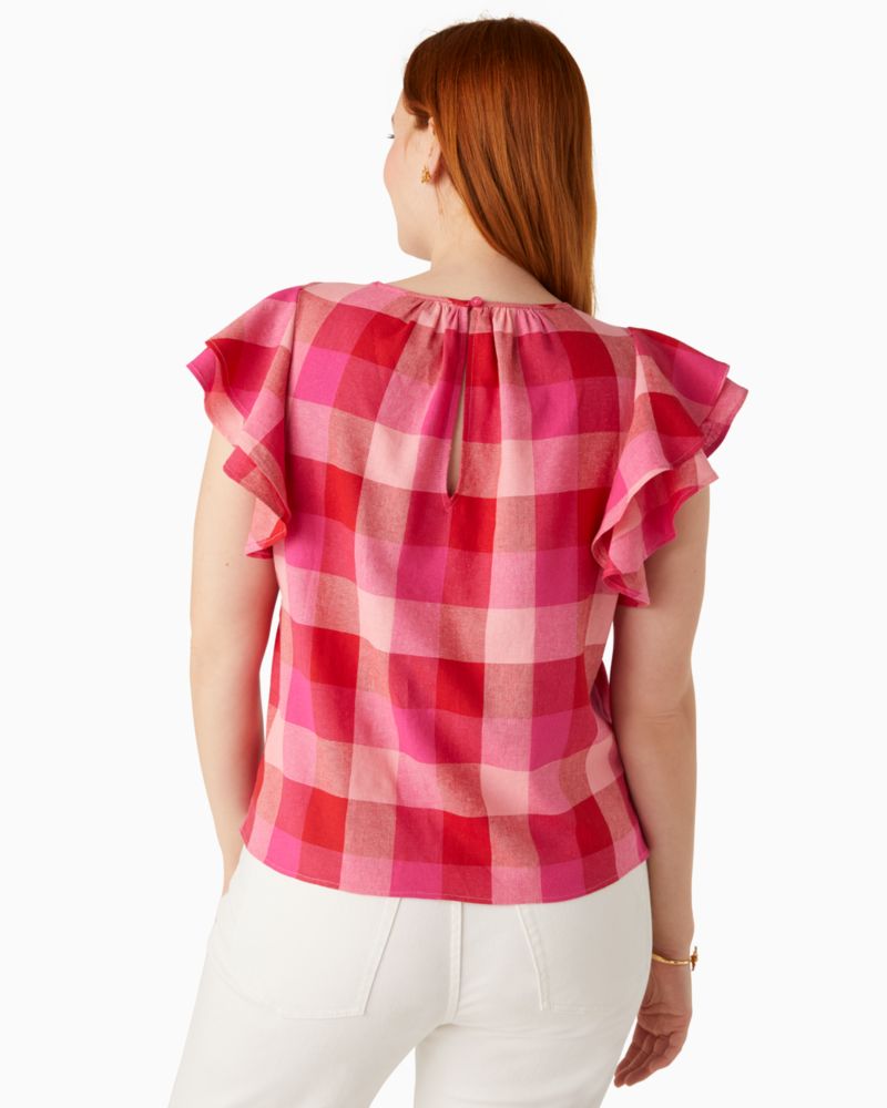 Kate Spade,picnic woven flutter-sleeve top,Linen,Deep Hibiscus Multi