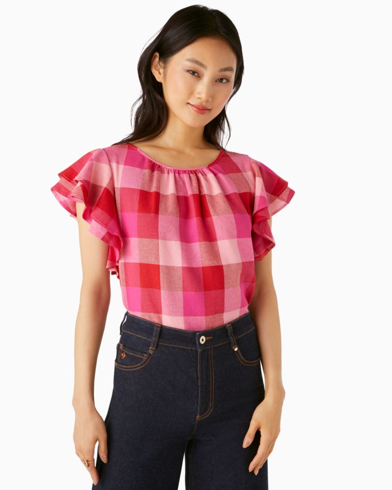 Kate Spade,picnic woven flutter-sleeve top,Linen,Deep Hibiscus Multi