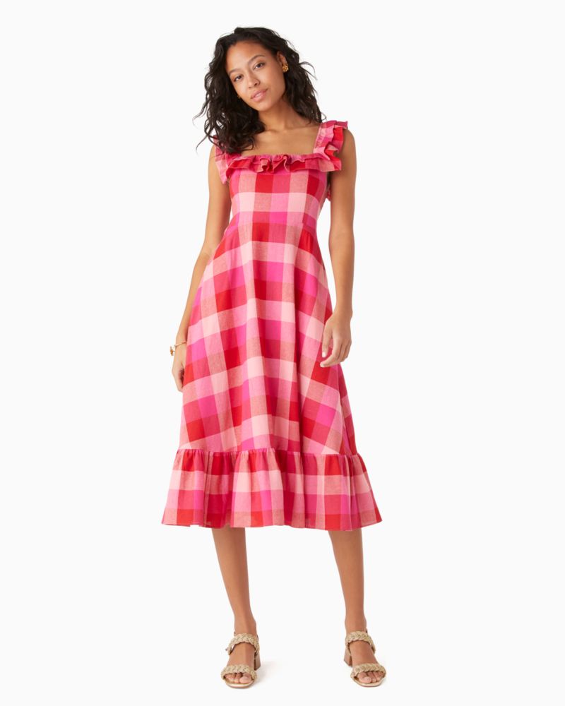 Kate Spade,picnic woven ruffle midi dress,Linen,Deep Hibiscus Multi image number 0