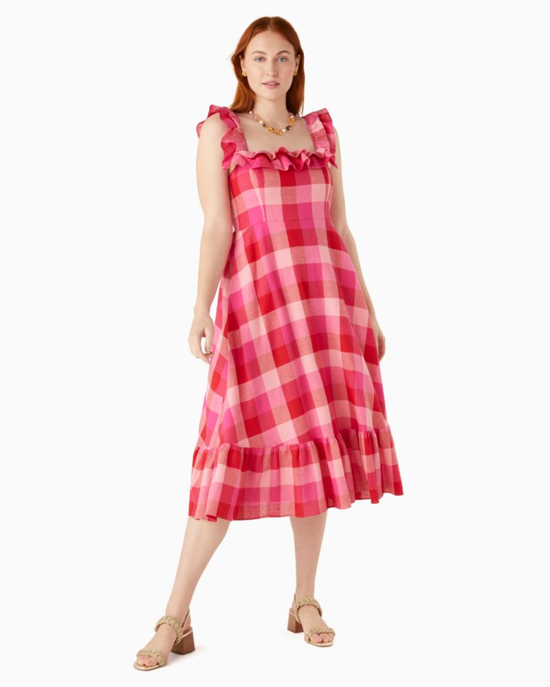 Kate Spade,picnic woven ruffle midi dress,Linen,Deep Hibiscus Multi