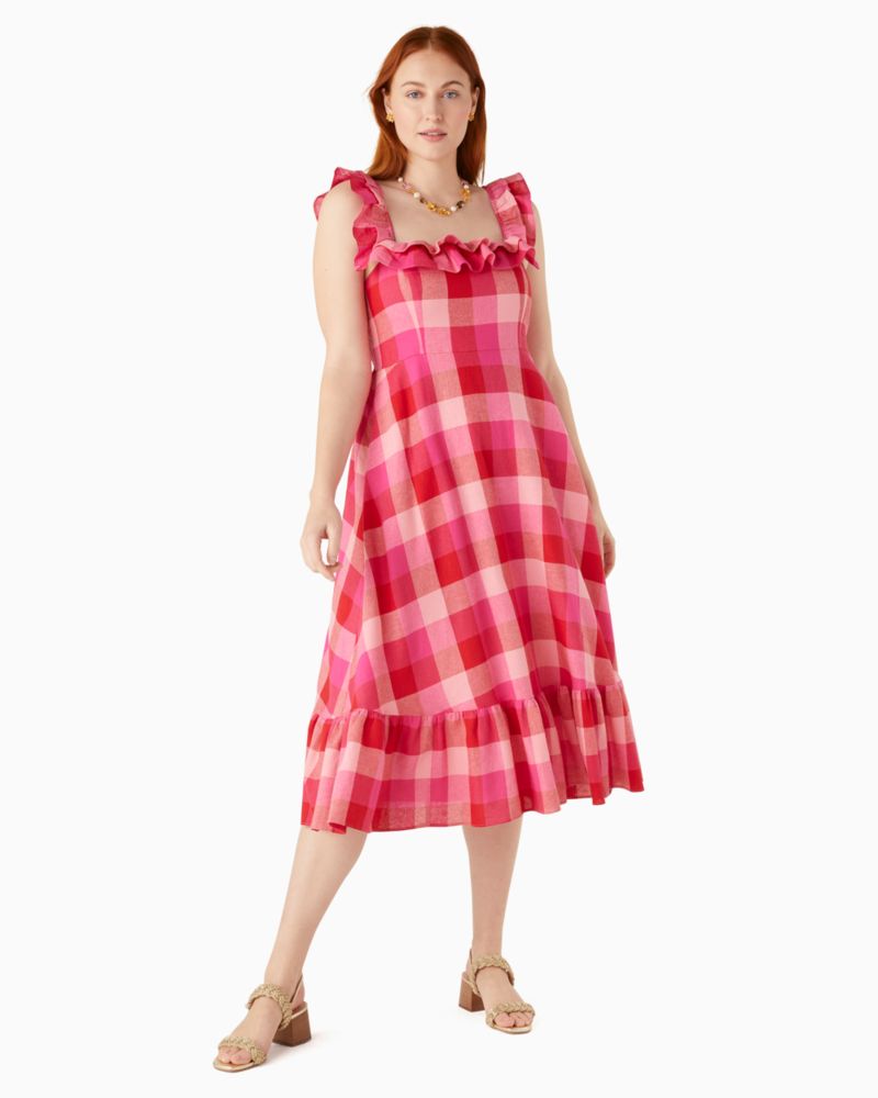 Kate Spade,Picnic Woven Ruffle Midi Dress,Linen,Rayon,Lining Cotton,Sundress,A-Line,Ruffles,Lined,Day Party,Multi Color