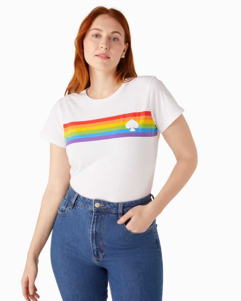 Kate Spade,Rainbow Stripe Logo Tee,Cotton,Jersey,T Shirt,Logo,Stripe,Casual,White