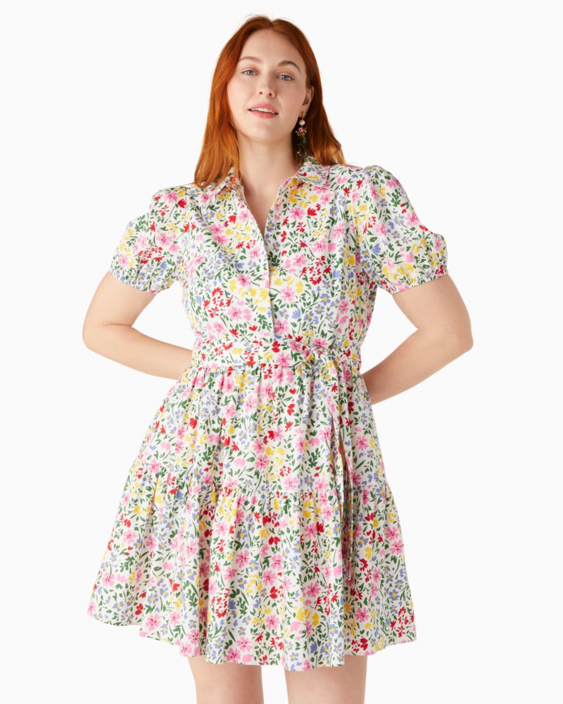 Kate Spade,Shoreside Floral Shirtdress,Cotton Blend,Poplin,Lining Cotton,A-Line,Shirt Dress,Ruched,Tie Belt,Lined,Day Party,Multi Color