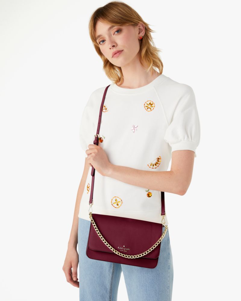 Kate Spade,Madison Willow Medium Flap Convertible Crossbody,Leather,Crossbody,Logo,Metal,Lined,Gold Metal,Day Party,Maroon