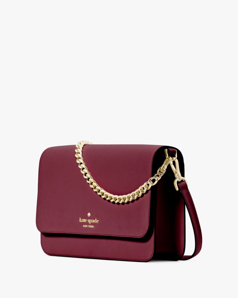 Kate Spade,Madison Willow Medium Flap Convertible Crossbody,Leather,Crossbody,Logo,Metal,Lined,Gold Metal,Day Party,Maroon