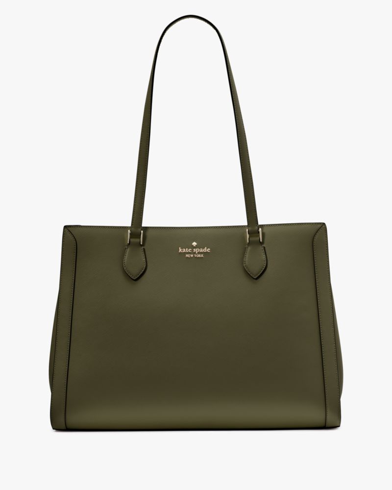 Kate Spade,Madison Saffiano East West Leather Large Laptop Tote,Leather,Tote,Metal,Logo,Lined,Work,Olive