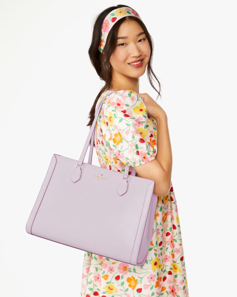 Kate Spade,Madison Saffiano East West Leather Large Laptop Tote,Leather,Tote,Logo,Metal,Lined,Work,Lavender