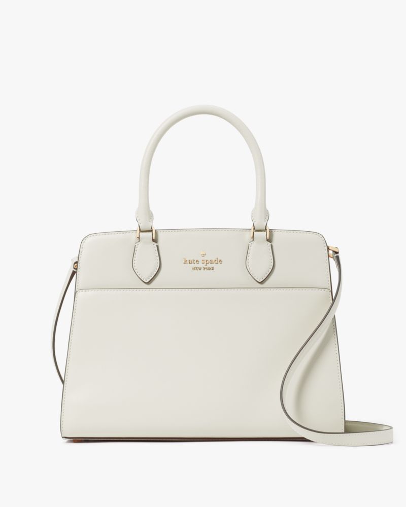 Kate Spade,Madison Saffiano Leather Medium Satchel,Leather,Satchel,Logo,Metal,Lined,Work,White