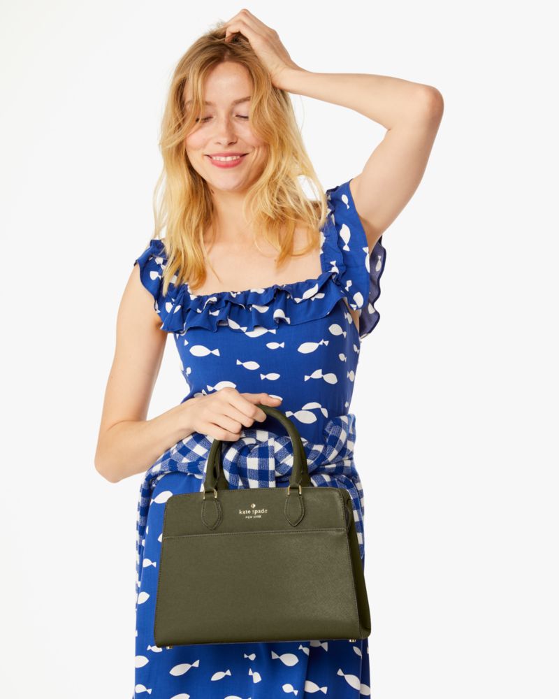 Kate Spade,Madison Medium Satchel,Leather,Satchel,Metal Material,Logo,Metal,Lined,Casual,Work,Olive