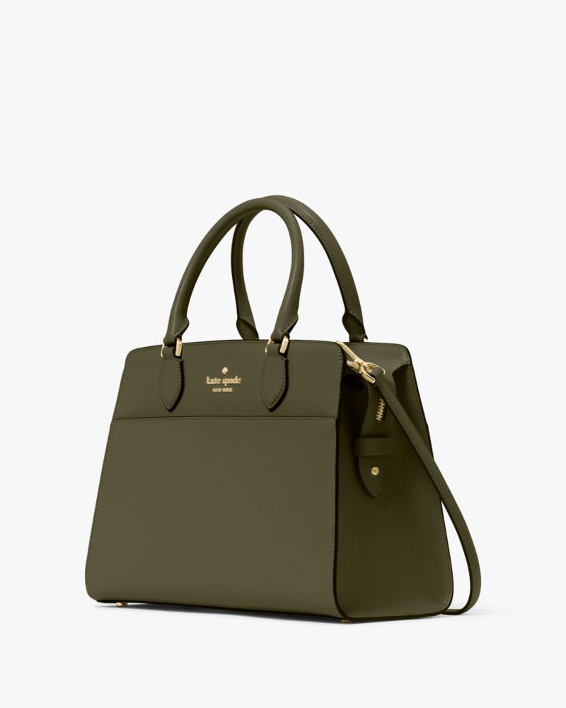 Kate Spade,Madison Medium Satchel,Leather,Satchel,Metal,Logo,Lined,Work,Olive