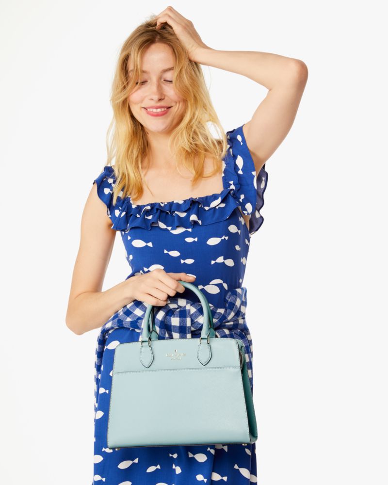 Kate Spade,Madison Medium Satchel,Leather,Satchel,Metal Material,Logo,Metal,Lined,Casual,Work,Blue