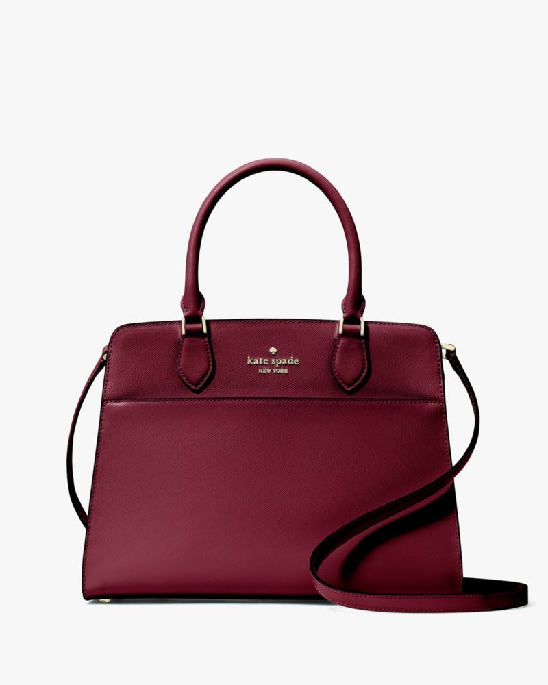 Kate Spade,Madison Medium Satchel,Leather,Satchel,Metal,Logo,Lined,Work,Maroon