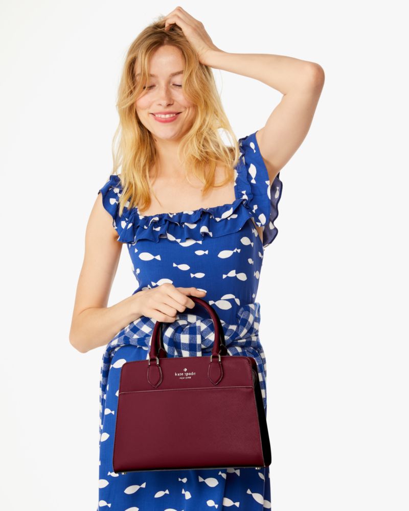 Kate Spade,Madison Saffiano Leather Medium Satchel,Leather,Satchel,Logo,Metal,Lined,Work,Maroon