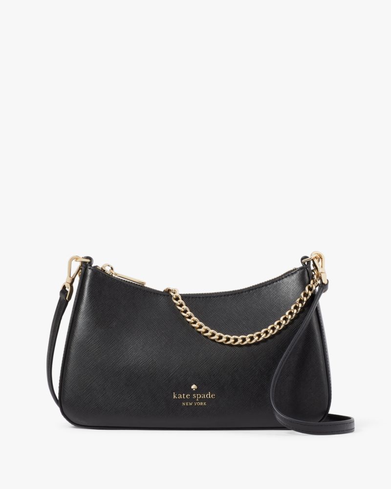 Kate Spade,Madison Convertible Medium Crossbody,Leather,Crossbody,PVC,Metal,Logo,Lined,Gold Metal,Day Party,Black