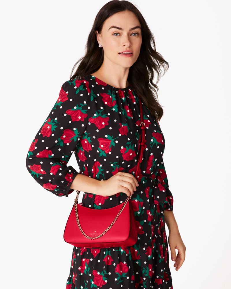 Kate Spade,Margot Convertible Crossbody Bag,Leather,Crossbody,PVC,Logo,Metal,Lined,Gold Metal,Day Party,Red