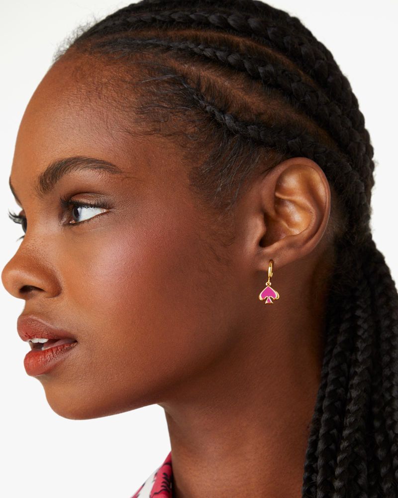 Kate Spade,Everyday Spade Enamel Drop Huggies,Dangle Earring,Huggies,Enamel,Logo,Gold Metal,Casual,Work,Pink