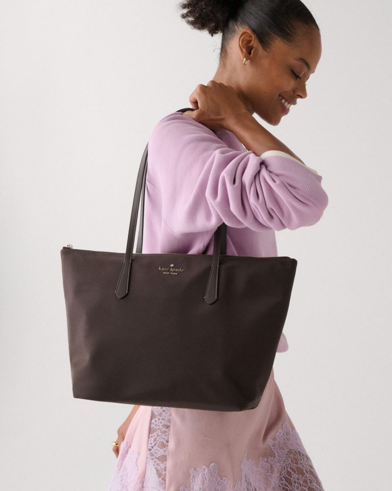 Kate Spade,Kitt Ksnyl Tote Bag,Nylon,Tote,PVC,Word Embellishment,Logo,Lined,Work,Brown