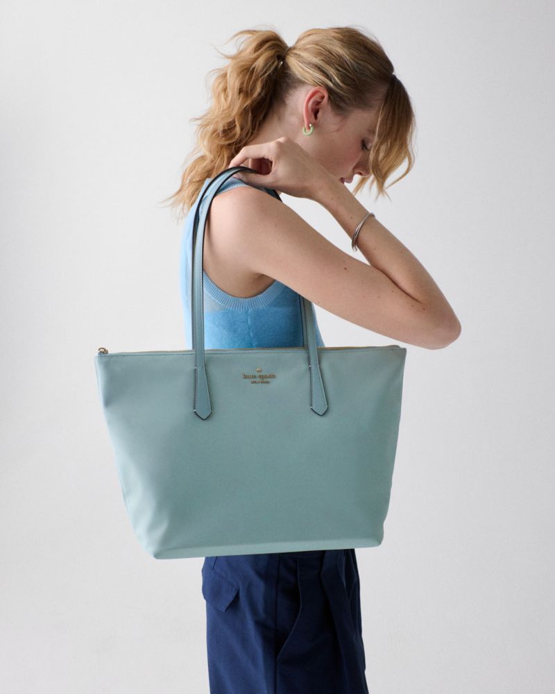 Kate Spade,Kitt Ksnyl Tote Bag,Nylon,Tote,PVC,Word Embellishment,Logo,Lined,Work,Blue