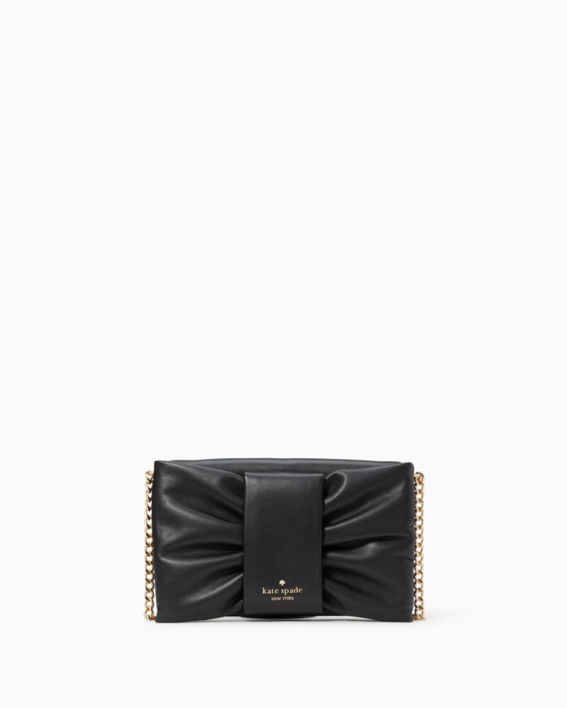 Kate Spade,Millie Bow Flap Crossbody,Clutch,Metal Material,Logo,Ruched,Metal,Day Party,Black