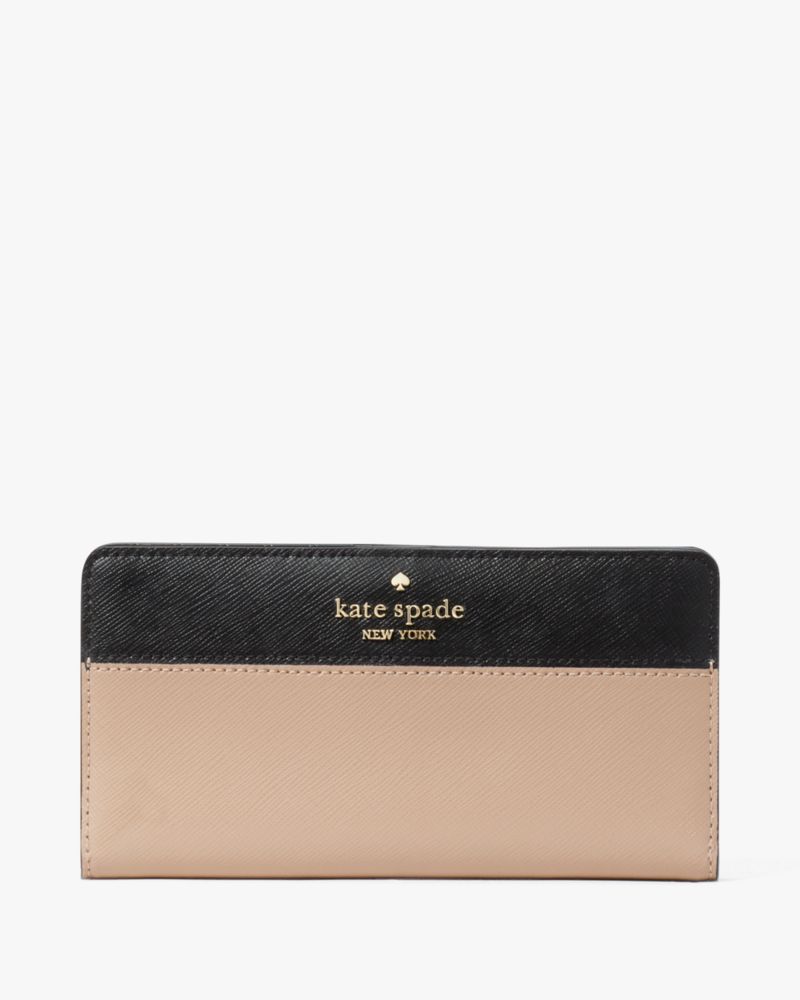 Kate Spade,Madison Large Slim Bifold Wallet,Leather,Continental,Bi Fold,Logo,Metal,Color Block,Silver Metal,Casual,Beige