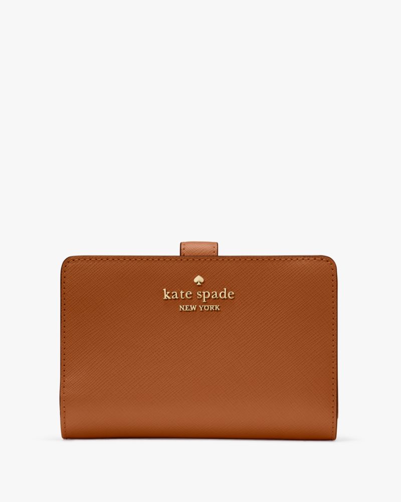 Kate Spade,Madison Medium Compact Bifold Wallet,Leather,Bi Fold,Metal,Logo,Gold Metal,Casual,Brown