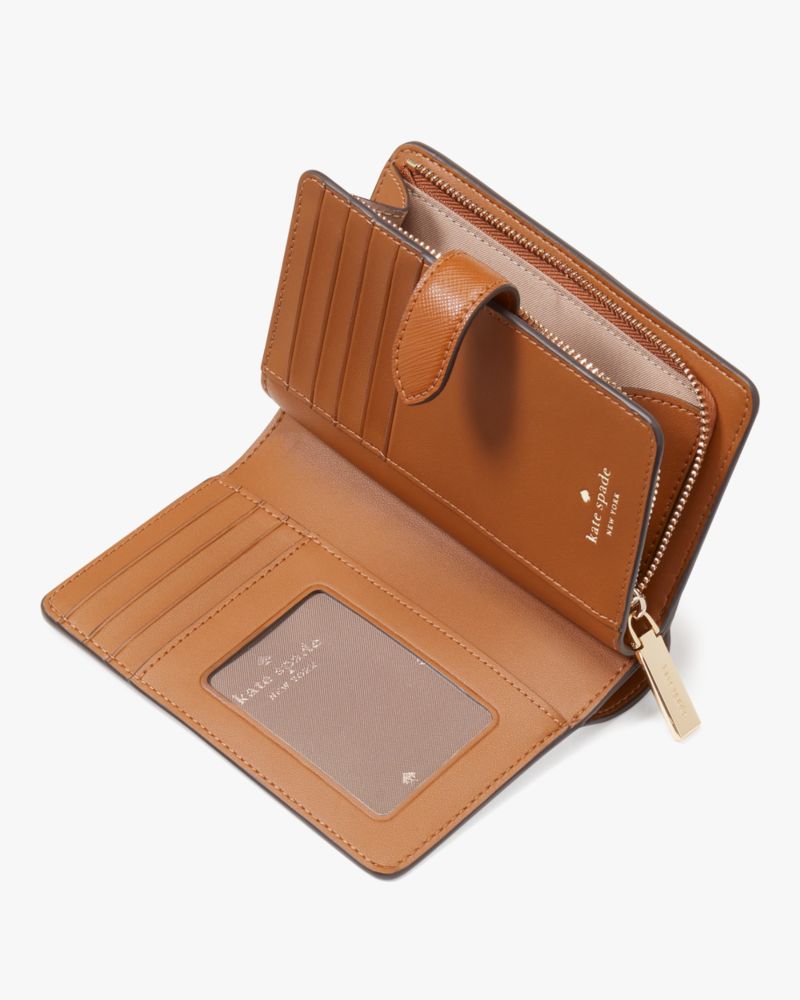 Kate Spade,Madison Medium Bifold Wallet,Leather,Bi Fold,Metal,Logo,Gold Metal,Casual,Brown