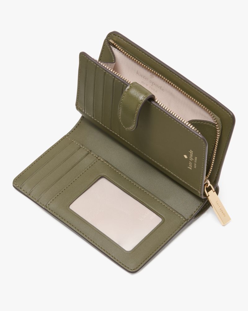 Kate Spade,Madison Medium Compact Bifold Wallet,Leather,Bi Fold,Metal,Logo,Gold Metal,Casual,Olive