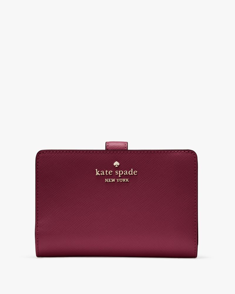 Kate Spade,Madison Medium Compact Bifold Wallet,Leather,Bi Fold,Metal,Logo,Gold Metal,Casual,