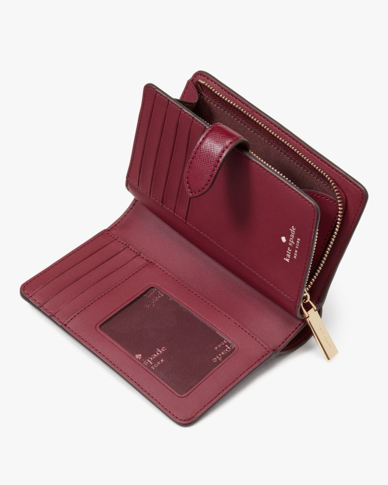 Kate Spade,Madison Medium Compact Bifold Wallet,Leather,Bi Fold,Metal,Logo,Gold Metal,Casual,Maroon