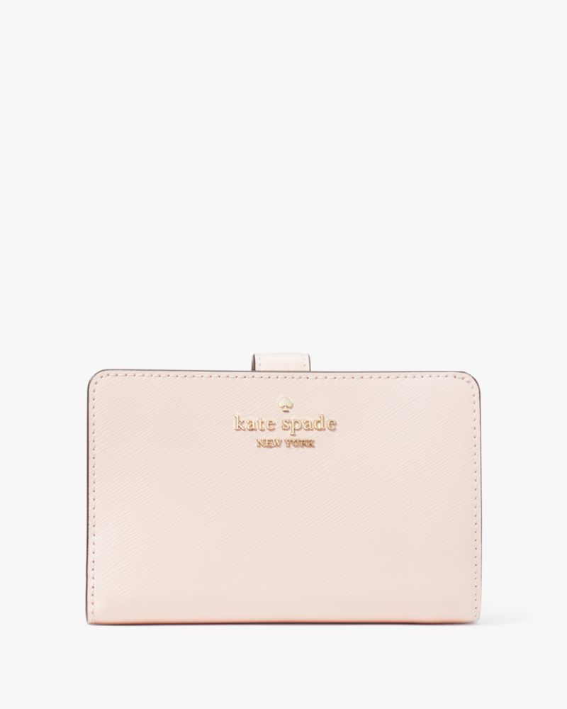 Kate Spade,Madison Medium Compact Bifold Wallet,Leather,Bi Fold,Logo,Metal,Gold Metal,Casual,