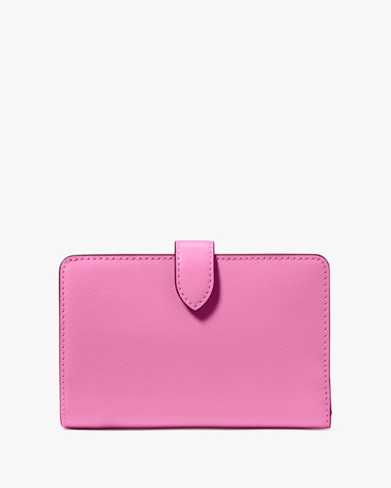 Kate Spade,Madison Medium Bifold Wallet,Leather,Bi Fold,Metal,Logo,Gold Metal,Casual,Pink