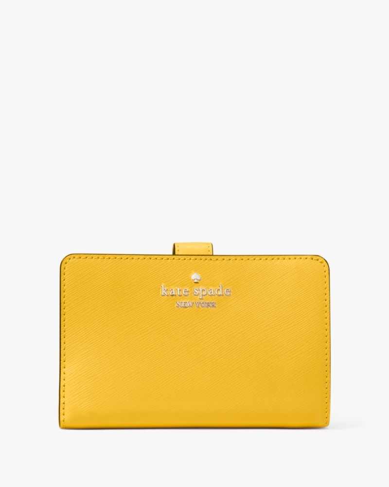 Kate Spade,Madison Medium Compact Bifold Wallet,Leather,Bi Fold,Metal,Logo,Gold Metal,Casual,