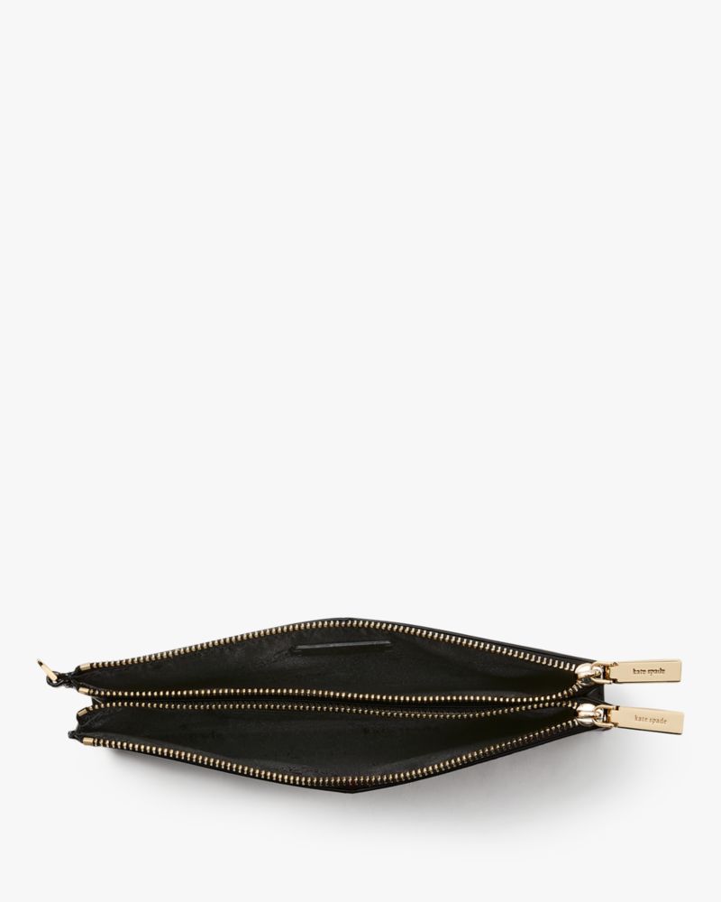 Kate Spade,Madison Double Zip Wristlet,Leather,Wristlet,Pouch,Metal,Logo,Silver Metal,Casual,Black
