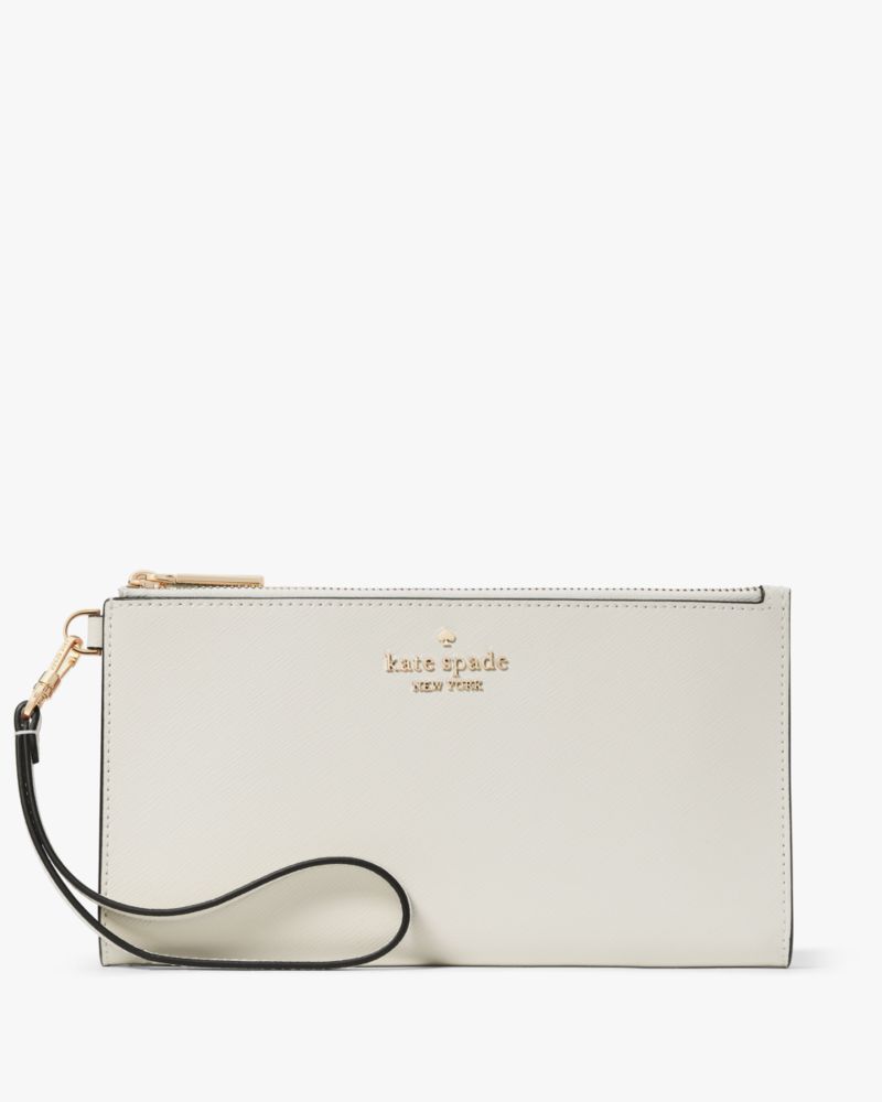 Kate Spade,Madison Double Zip Wristlet,Leather,Wristlet,Pouch,Metal,Logo,Silver Metal,Casual,Cream