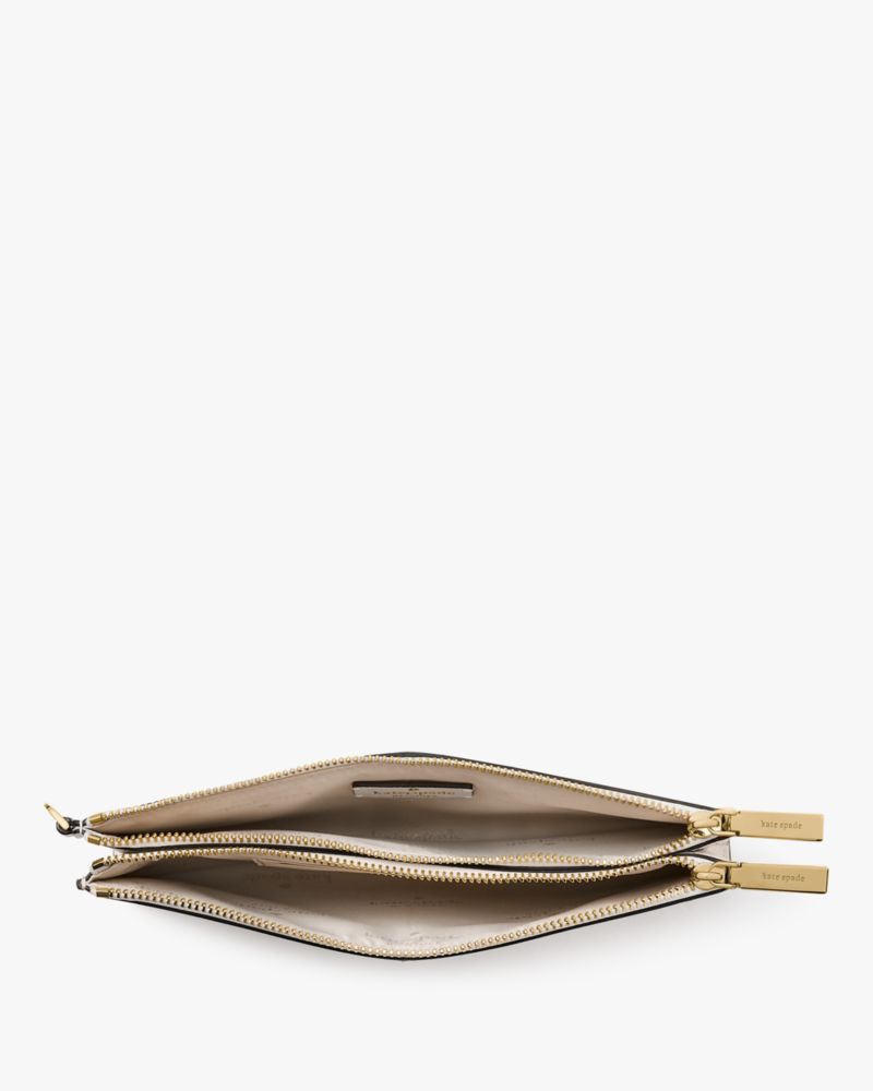 Kate Spade,Madison Double Zip Wristlet,Leather,Pouch,Wristlet,Logo,Metal,Silver Metal,Casual,Cream