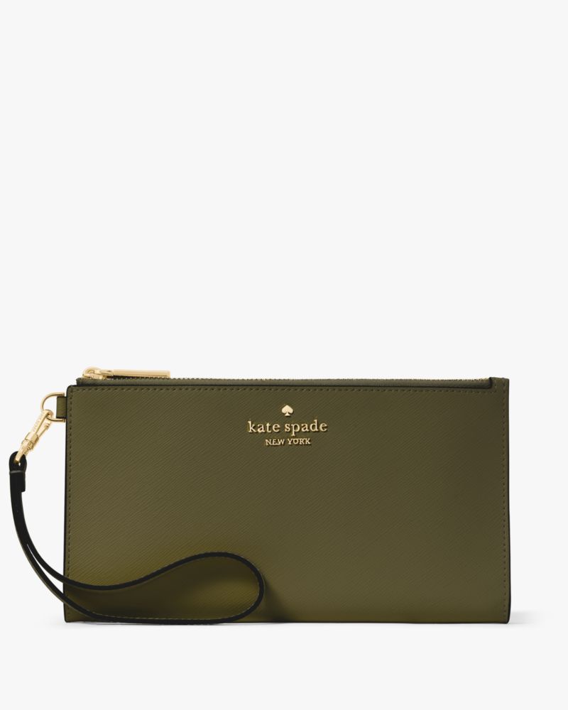 Kate Spade,Madison Double Zip Wristlet,Leather,Pouch,Wristlet,Metal,Logo,Silver Metal,Casual,Olive