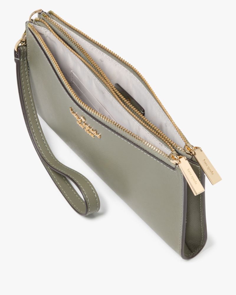 Kate Spade,Madison Double Zip Wristlet,Leather,Pouch,Wristlet,Metal,Logo,Silver Metal,Casual,Gray