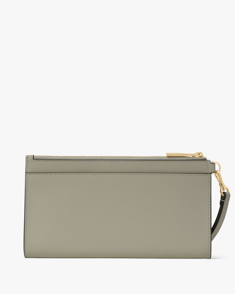 Kate Spade,Madison Double Zip Wristlet,Leather,Pouch,Wristlet,Metal,Logo,Silver Metal,Casual,Gray