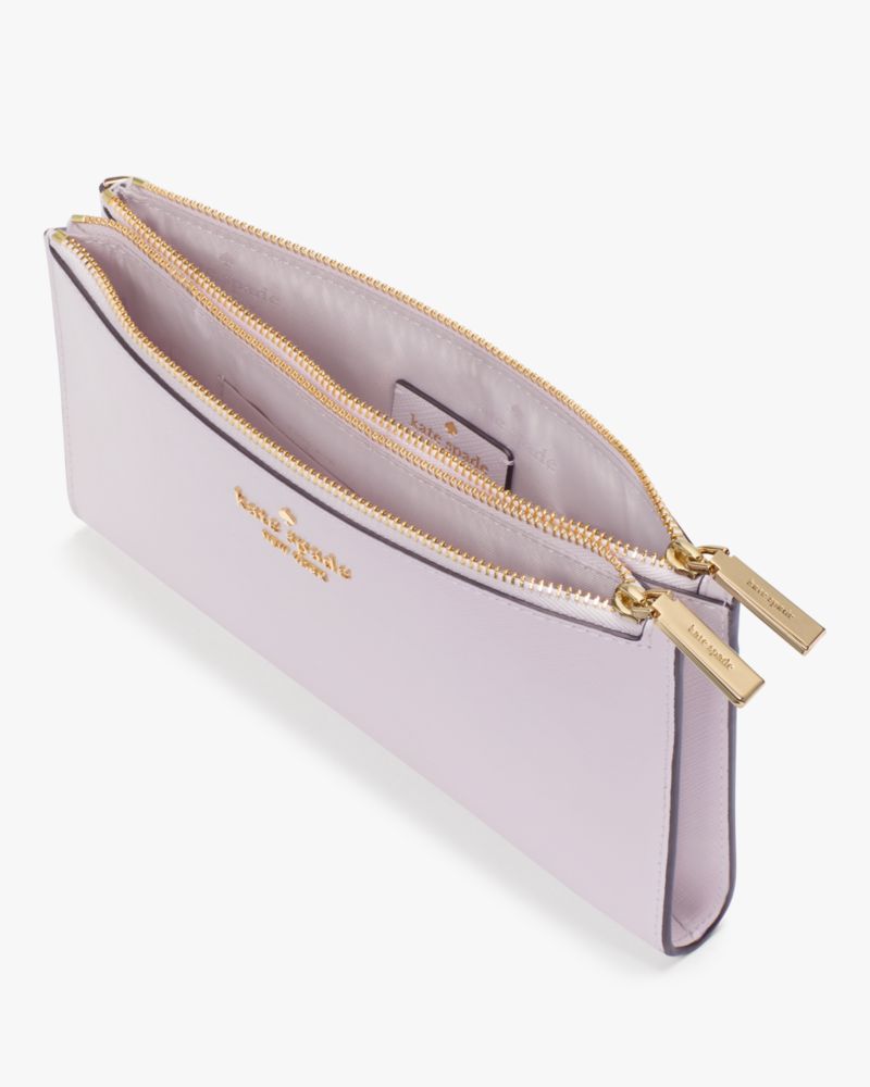 Kate Spade,Madison Double Zip Wristlet,Leather,Pouch,Wristlet,Logo,Metal,Silver Metal,Casual,Lavender